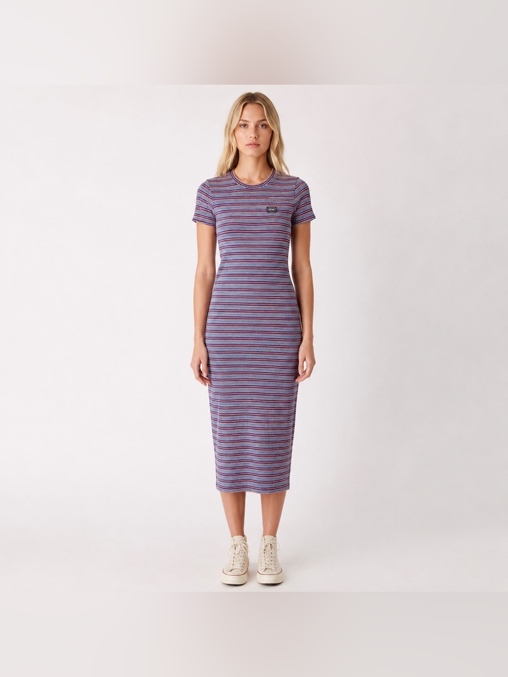 Obey Worldwide Striped Midi Shirt Dress Blue Red Yellow Logo Tee Dress Sz Small